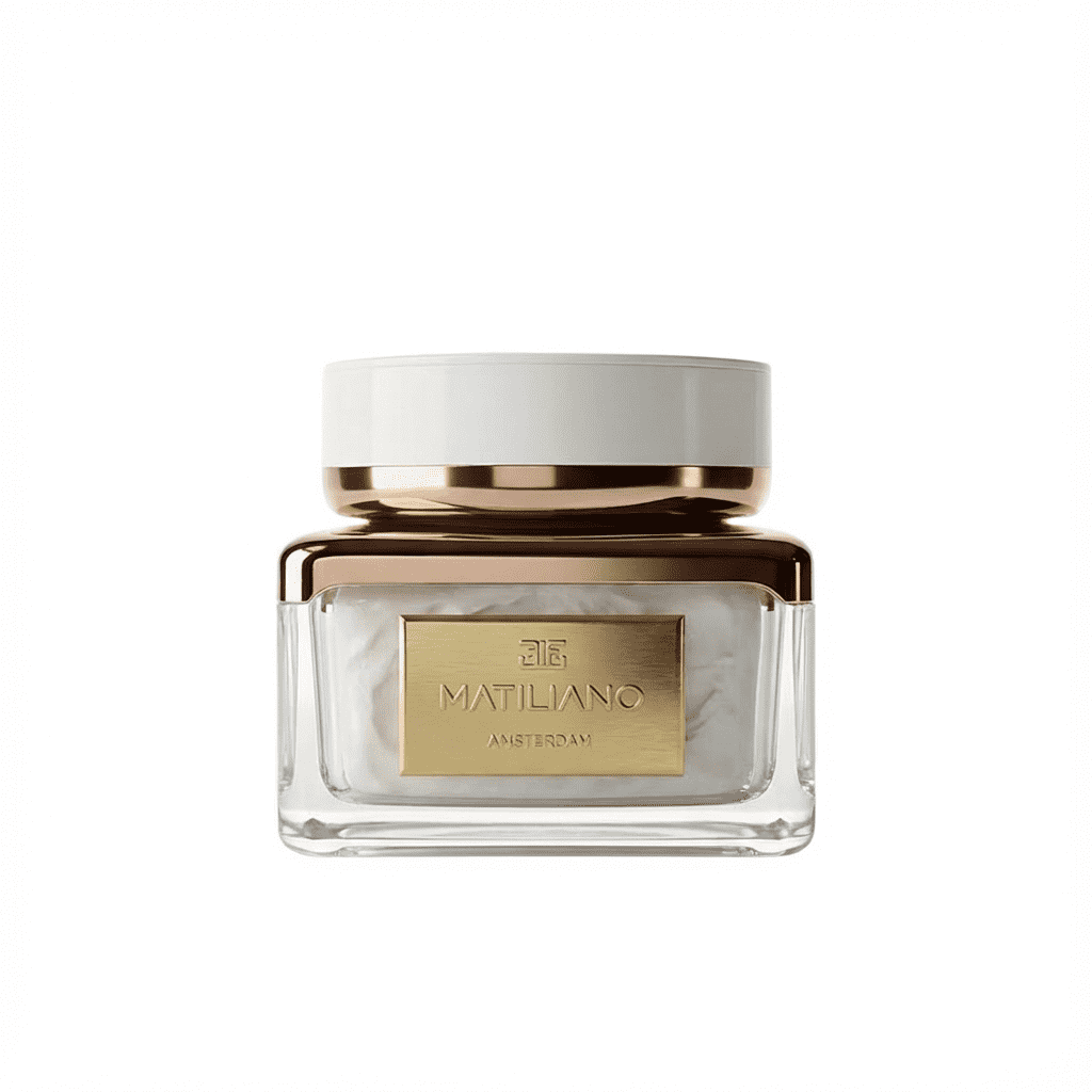 Botanical day cream by Matiliano displayed in a clear glass jar with minimalist skincare packaging